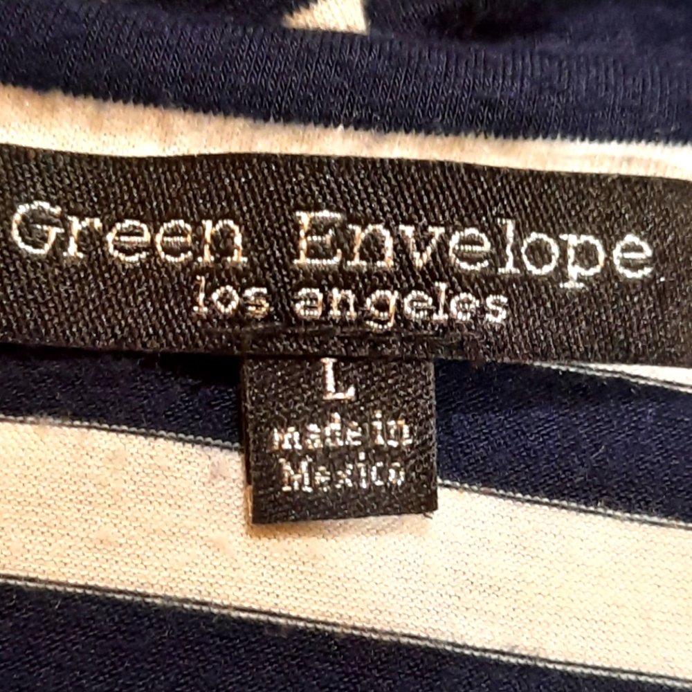 Green Envelope Shirt Womans Large Black White Stripes Back Zip Short Sleeve - Picture 7 of 8